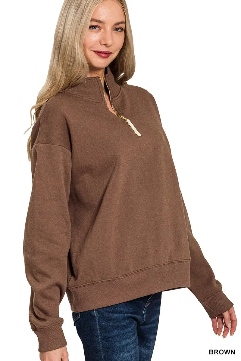 Zenana Brown Fleece Half Zip Sweatshirt