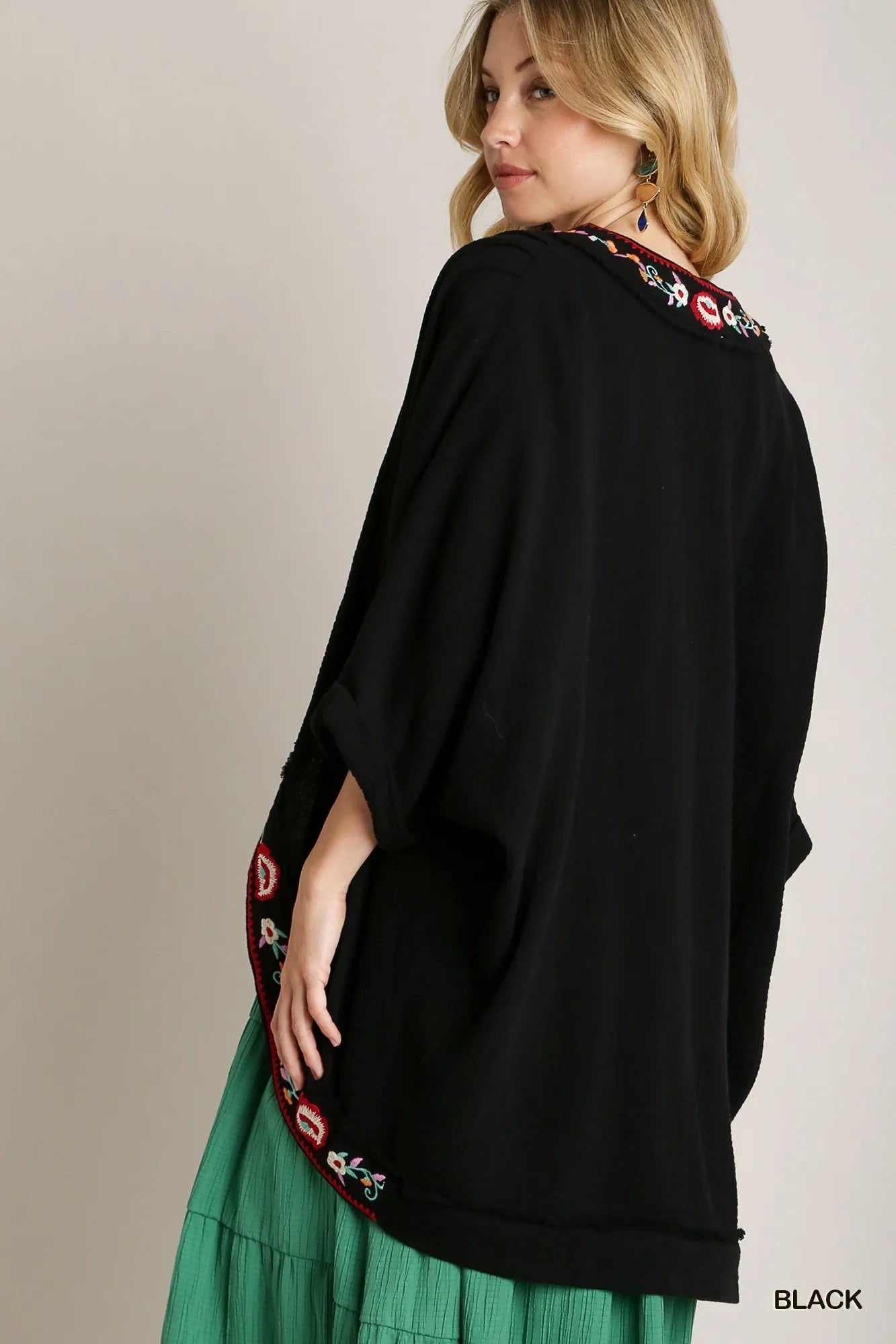 Umgee Black Embroidery Open Front Kimono with Pleated Shoulder Detail