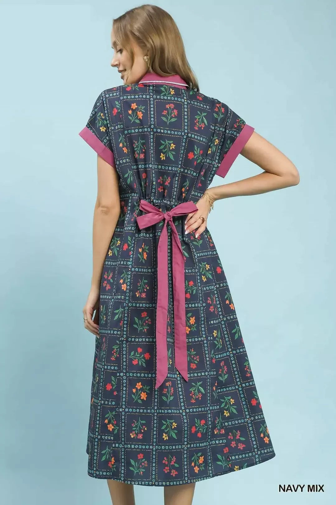 Umgee Navy Mix Floral Button-Front Midi Dress
