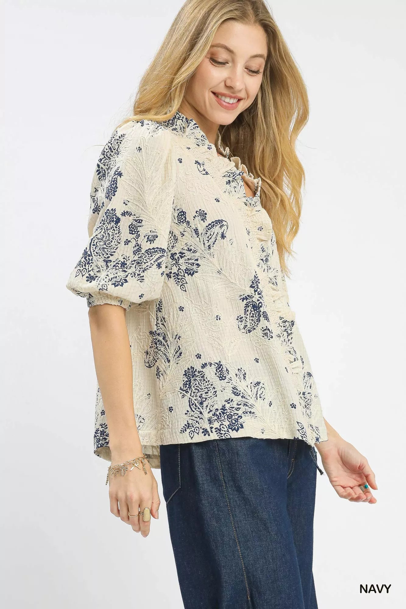 Umgee Navy Floral Embroidered Blouse with Ruffle Trim