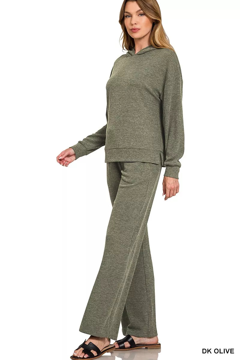 Zenana Olive Ribbed Long Sleeve Hoodie