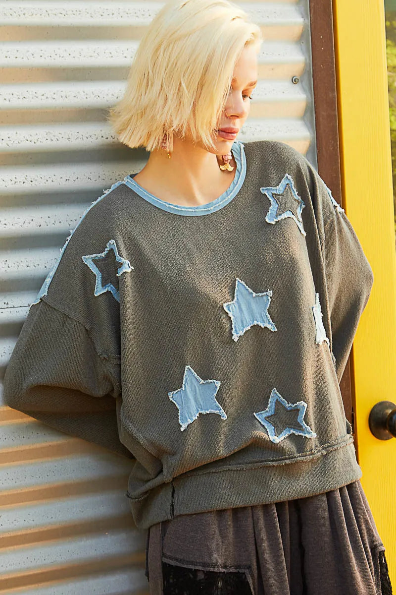 POL Charcoal Exposed Seam Relaxed Fit Sweater with Star Denim Patches