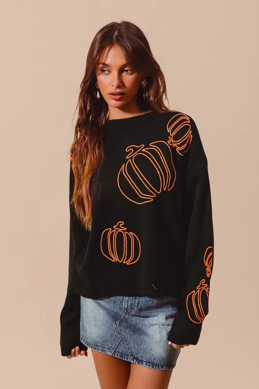 SO ME Pumpkin Embroidered Sweater