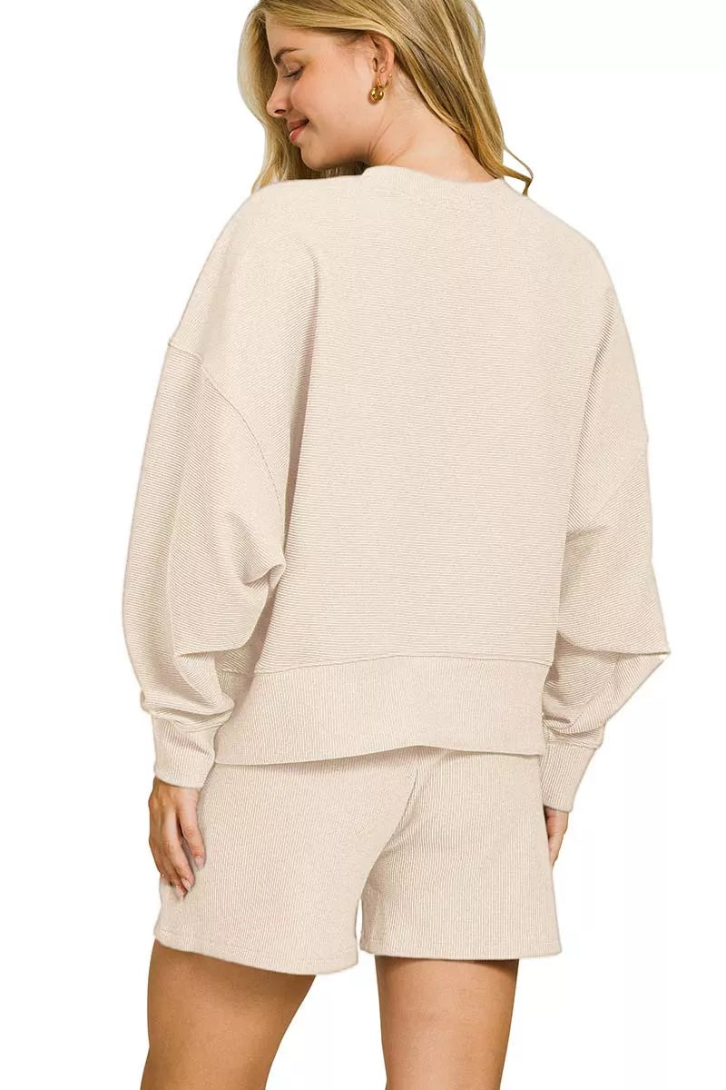 Zenana Sand Beige Ribbed Round Neck Pullover and Shorts Set