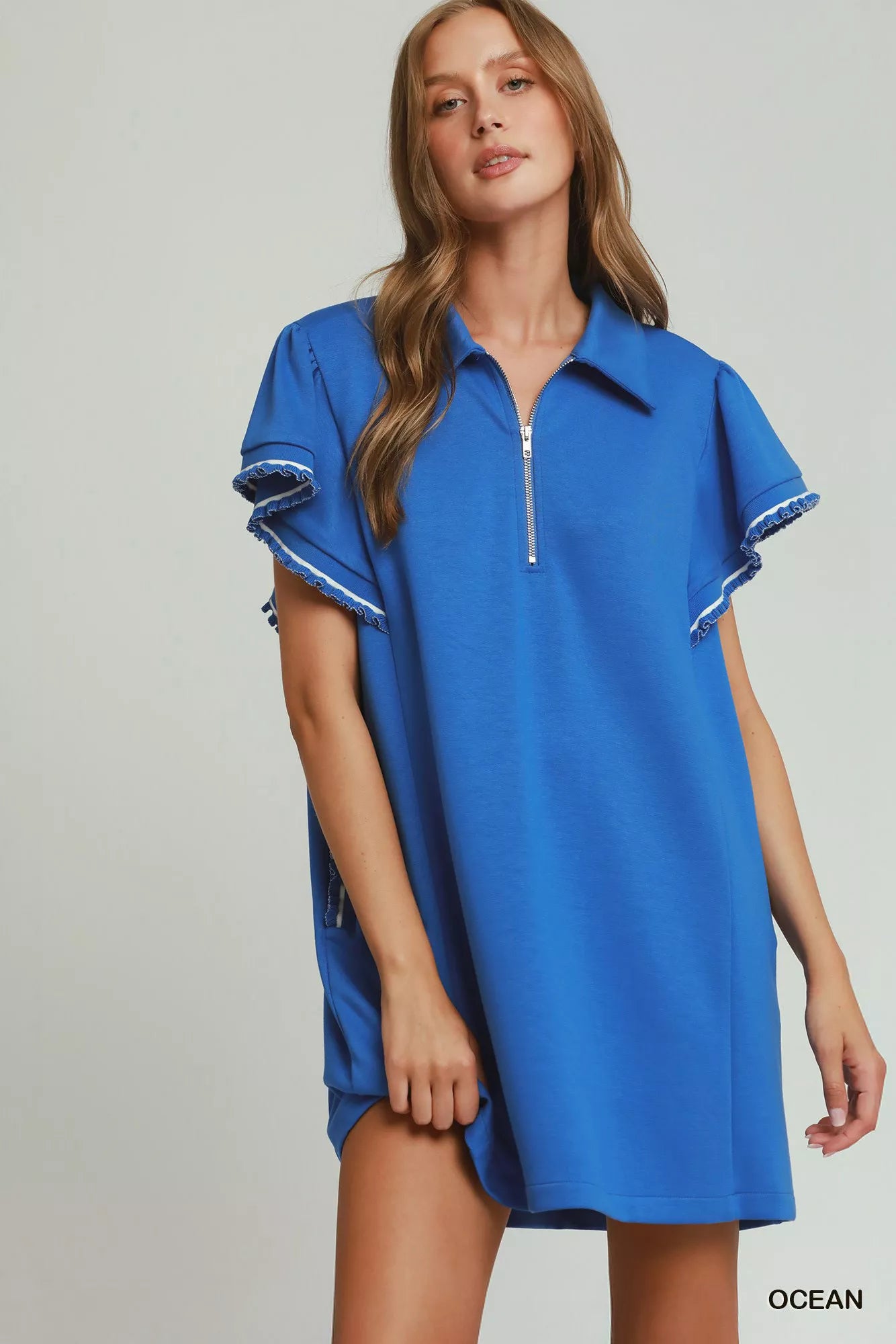 Umgee Ocean Half Zip Ruffle Rib Band Butterfy Sleeve Mini Dress with Pockets OCEAN