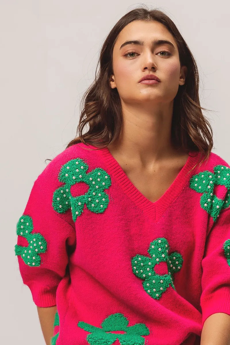 BiBi Fuchsia & Jade Pearl Beads Flowers Sweater Top