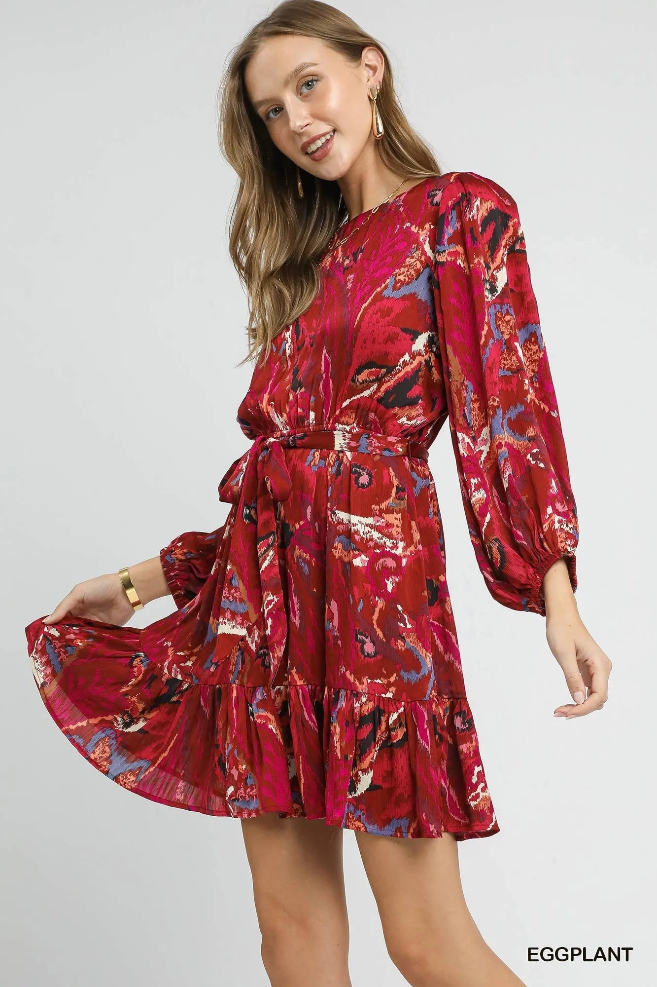 Umgee Eggplant Ruffled Hem Abstract Printed Balloon Sleeve Dress