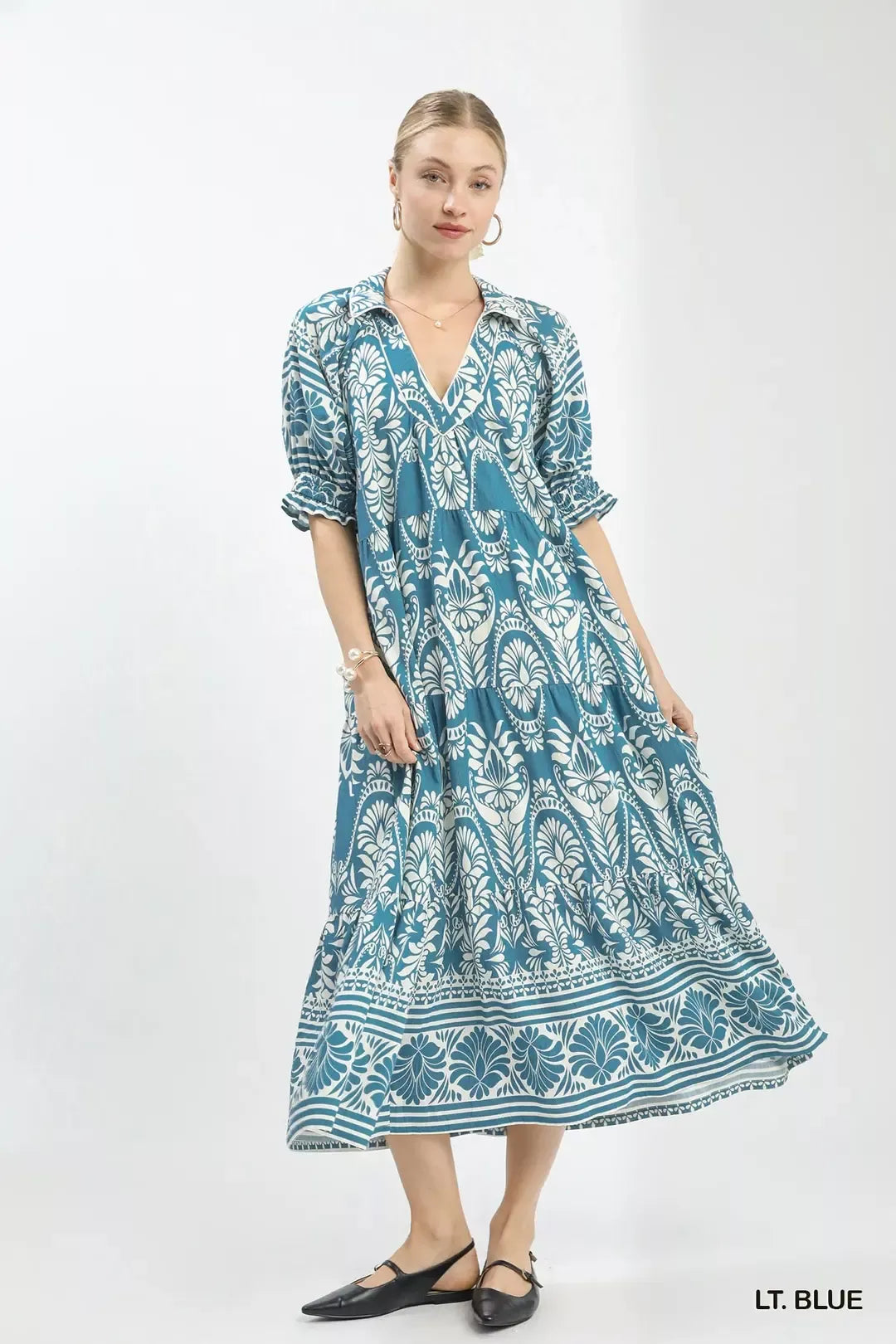 Umgee Two tone Border Print Midi Dress LT. BLUE