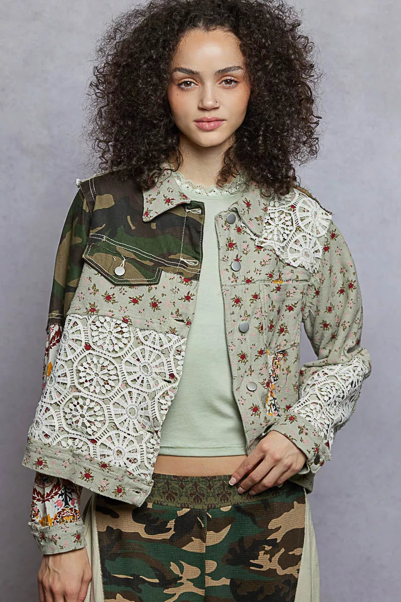 POL Olive Multi Floral Printed French Terry Jacket with Crochet Contrast Jacket OLIVE MULTI