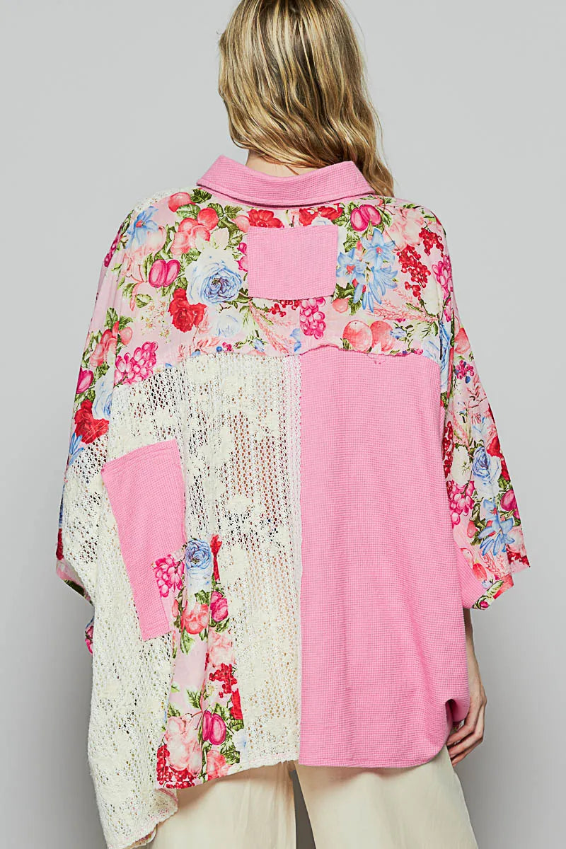POL Candy Pink Thermal and Crochet Lace Mix Shirt with Floral Pattern