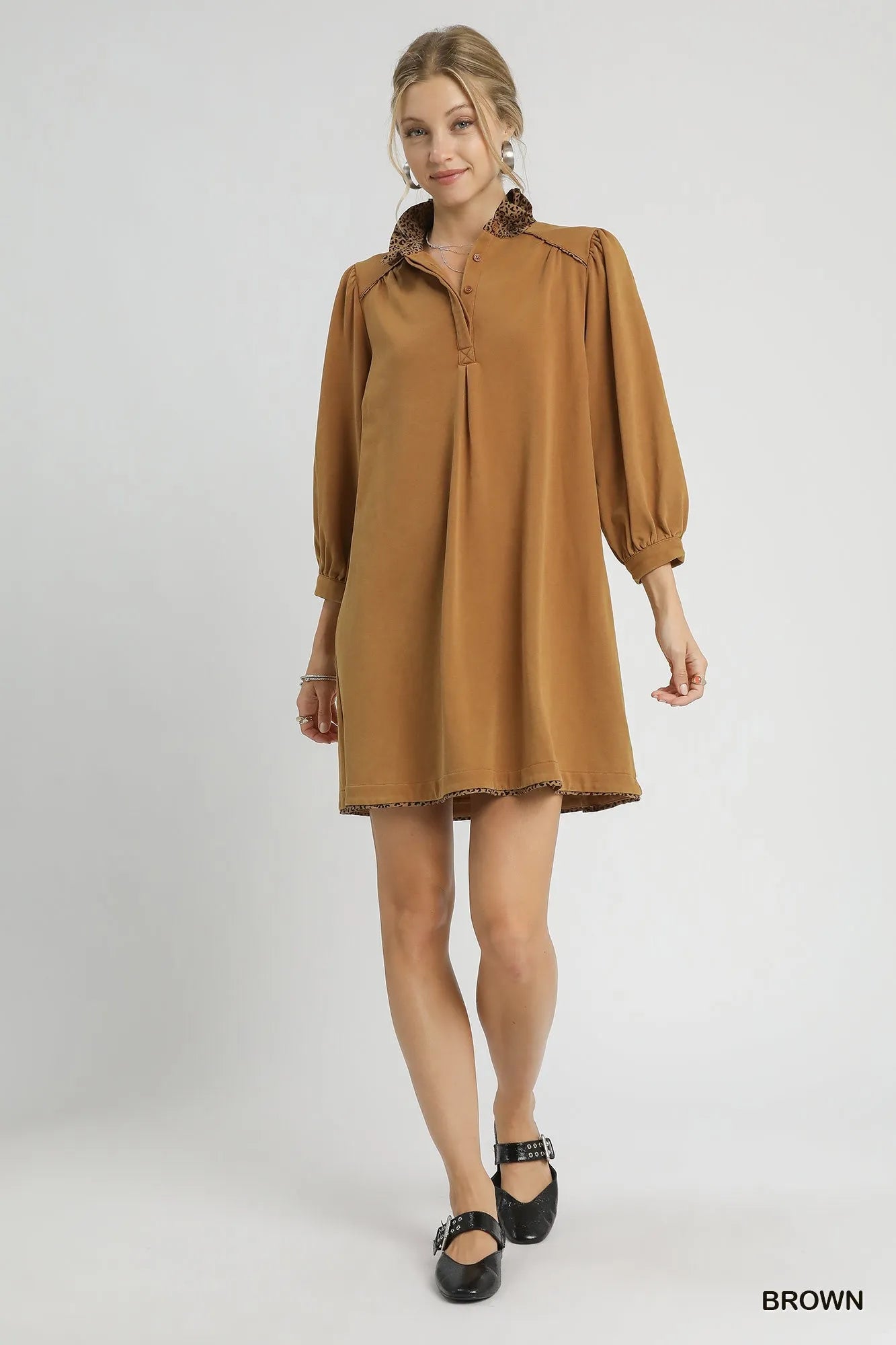 Umgee Brown French Terry Balloon Sleeve Shift Dress with Leopard Print Detail