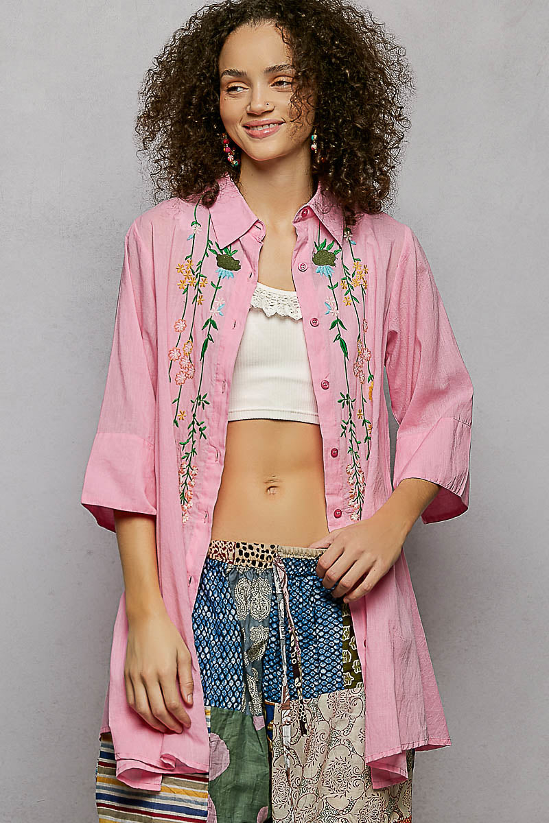 POL PinkFloral Embroidered Half Sleeve Cotton Shirt