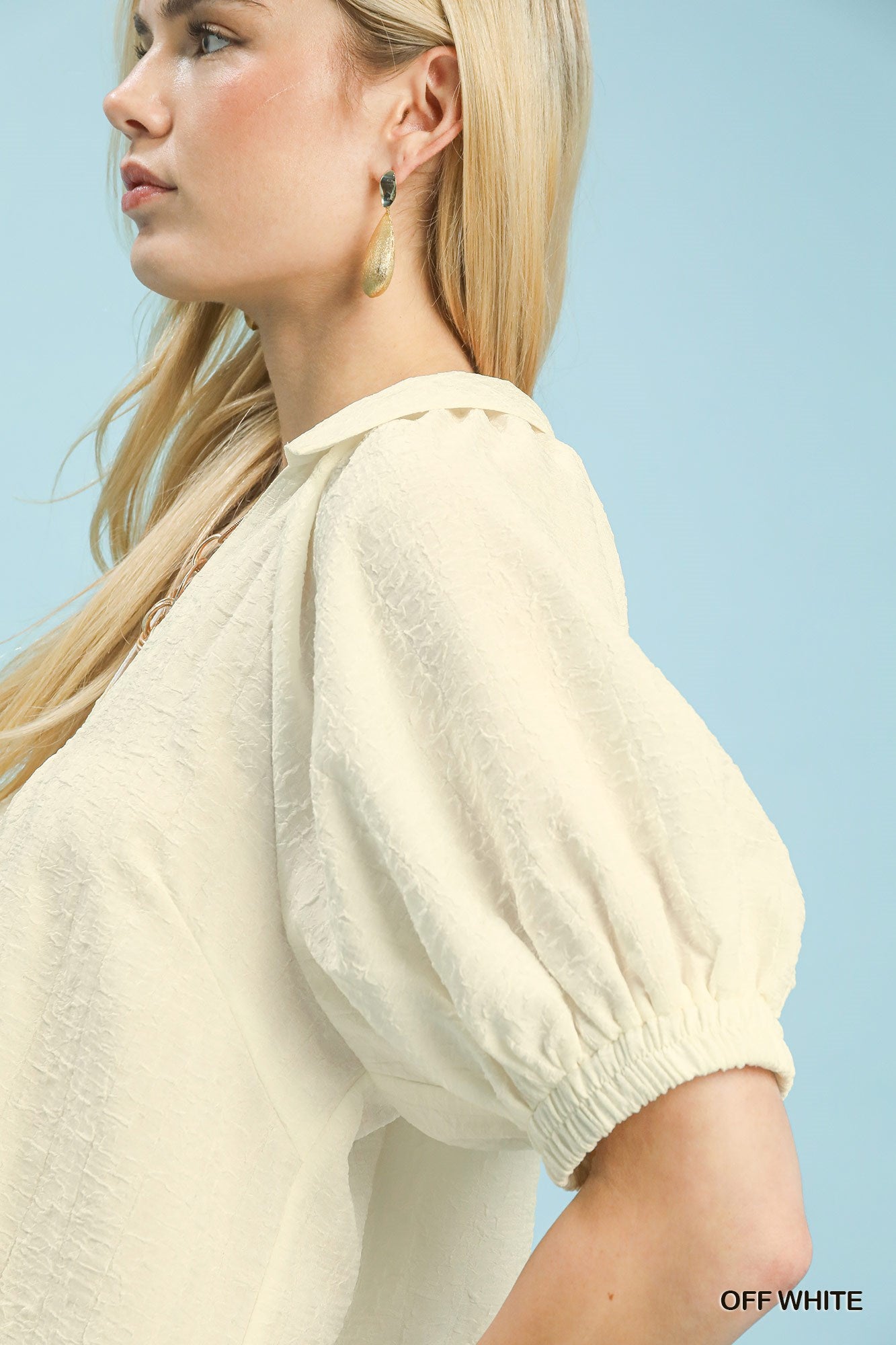 Umgee Off White Textured Trim Detail Short Sleeve Top