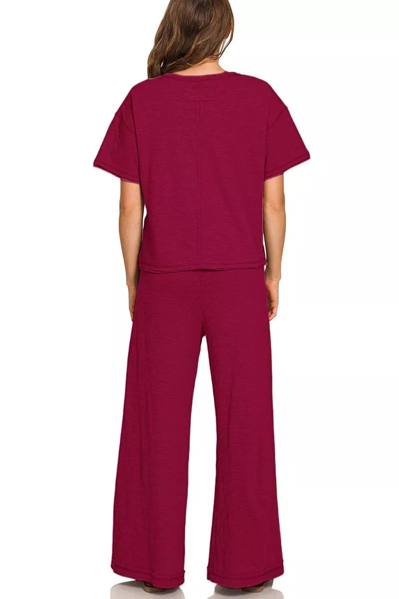 Zenana Cabernet Cotton Slub Short Sleeve Tee and Pants Set