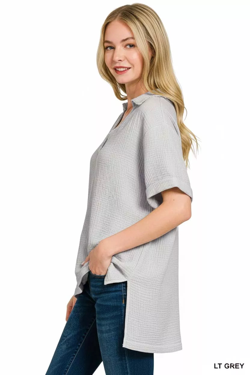 Zenana Double Gauze Short Sleeve High-Low Top