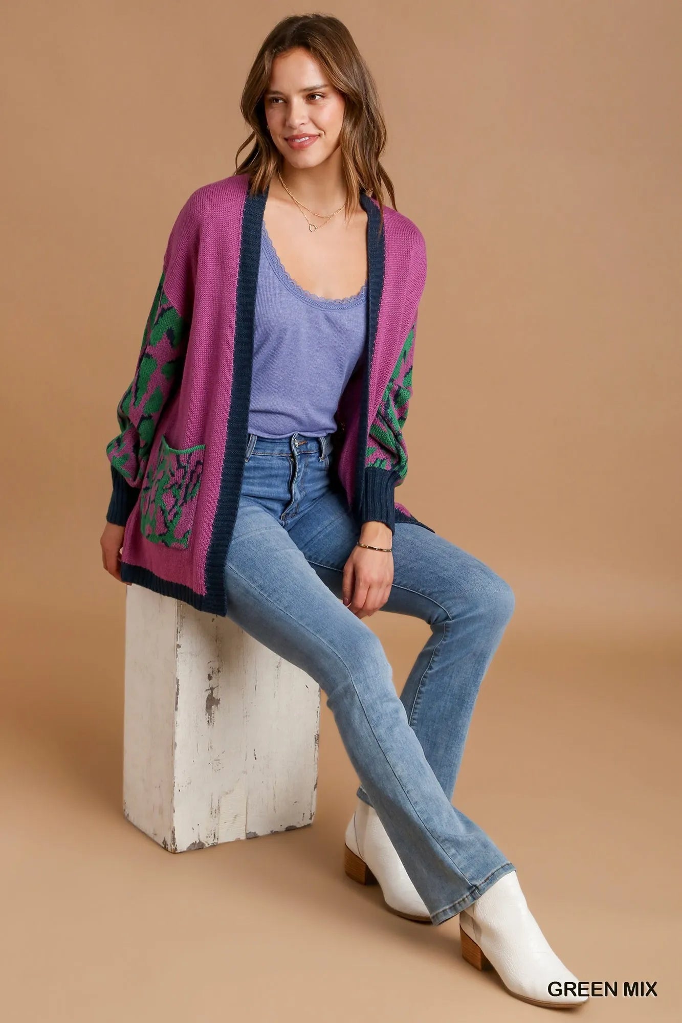 Umgee Green Mix Animal Print Open Front Sweater Cardigan