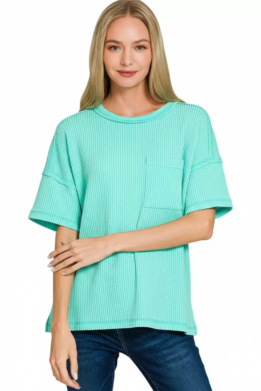 Zenana Mint Raised Rib Exposed Seam Short Sleeve Top
