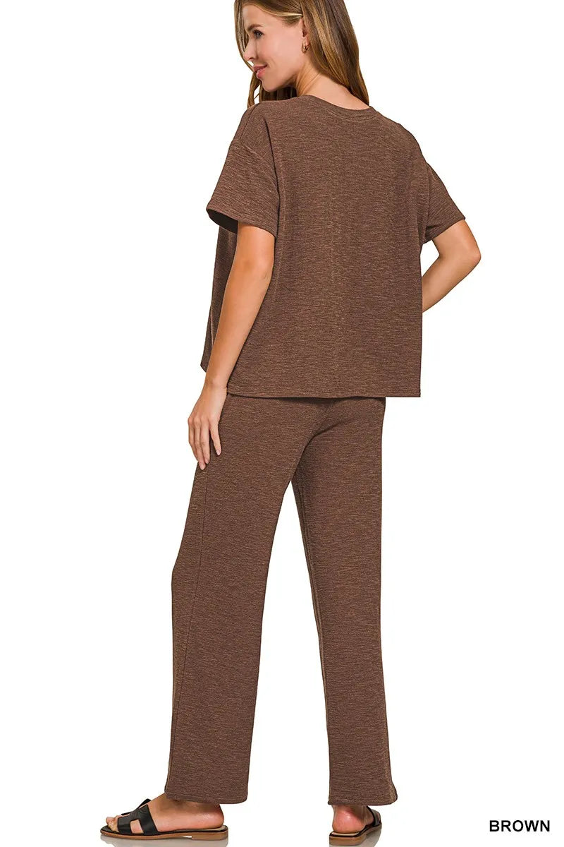 Zenana Brown Slub Short Sleeve T-Shirt and Pants Set