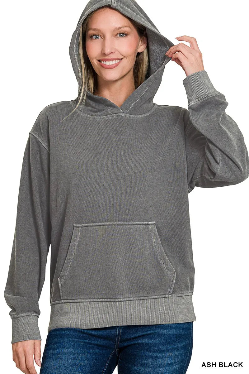 Zenana Ash Black Fleece Pigment Dye Kangaroo Pocket Hoodie