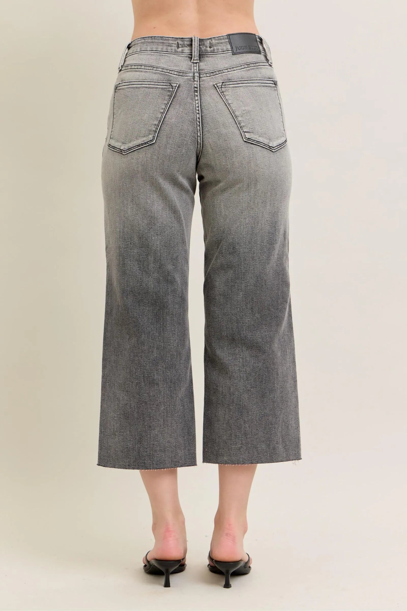 Judy Blue Grey Washed High Waist Front Pocket Embroidered Wide Cropped Leg Denim Jeans