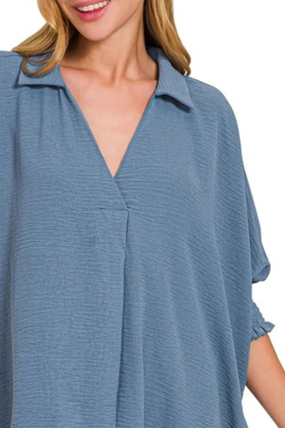 Zenana Dusty Blue Airflow Collar Tee with Smocked Sleeve Band Top