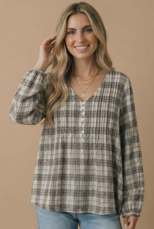 Haptics All in Check Pintuck Button Front Blouse in Oatmeal
