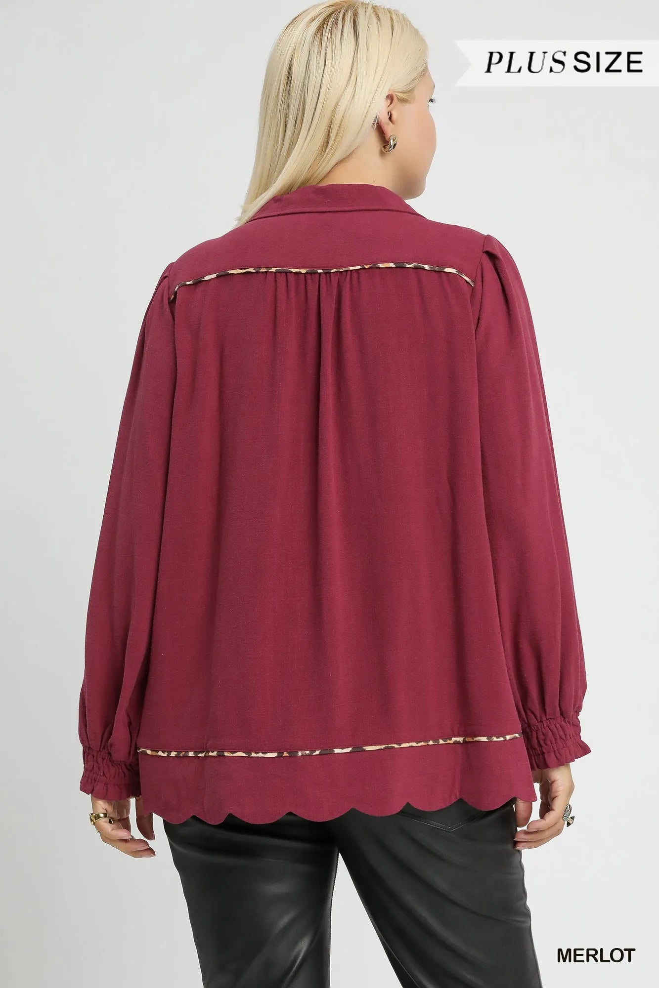 Umgee Merlot Linen Scallop Hem Blouse with Contrast Trim