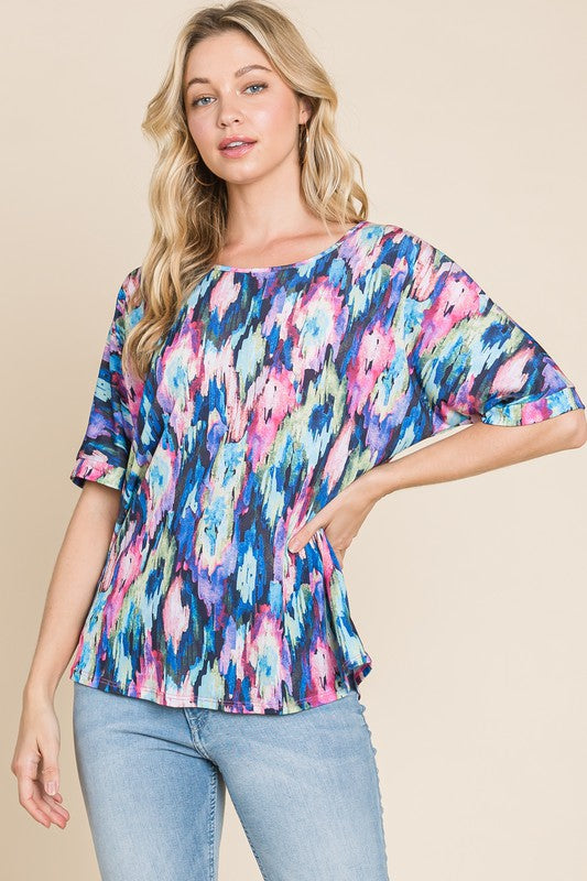 BOMBOM Royal Blue Lightweight Contrast Round Neck Short Sleeve Top