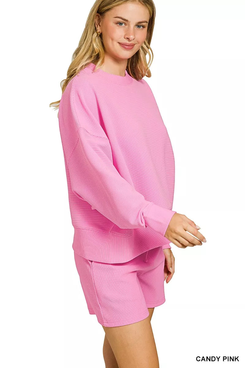 Zenana Candy Pink Ribbed Round Neck Pullover and Shorts Set