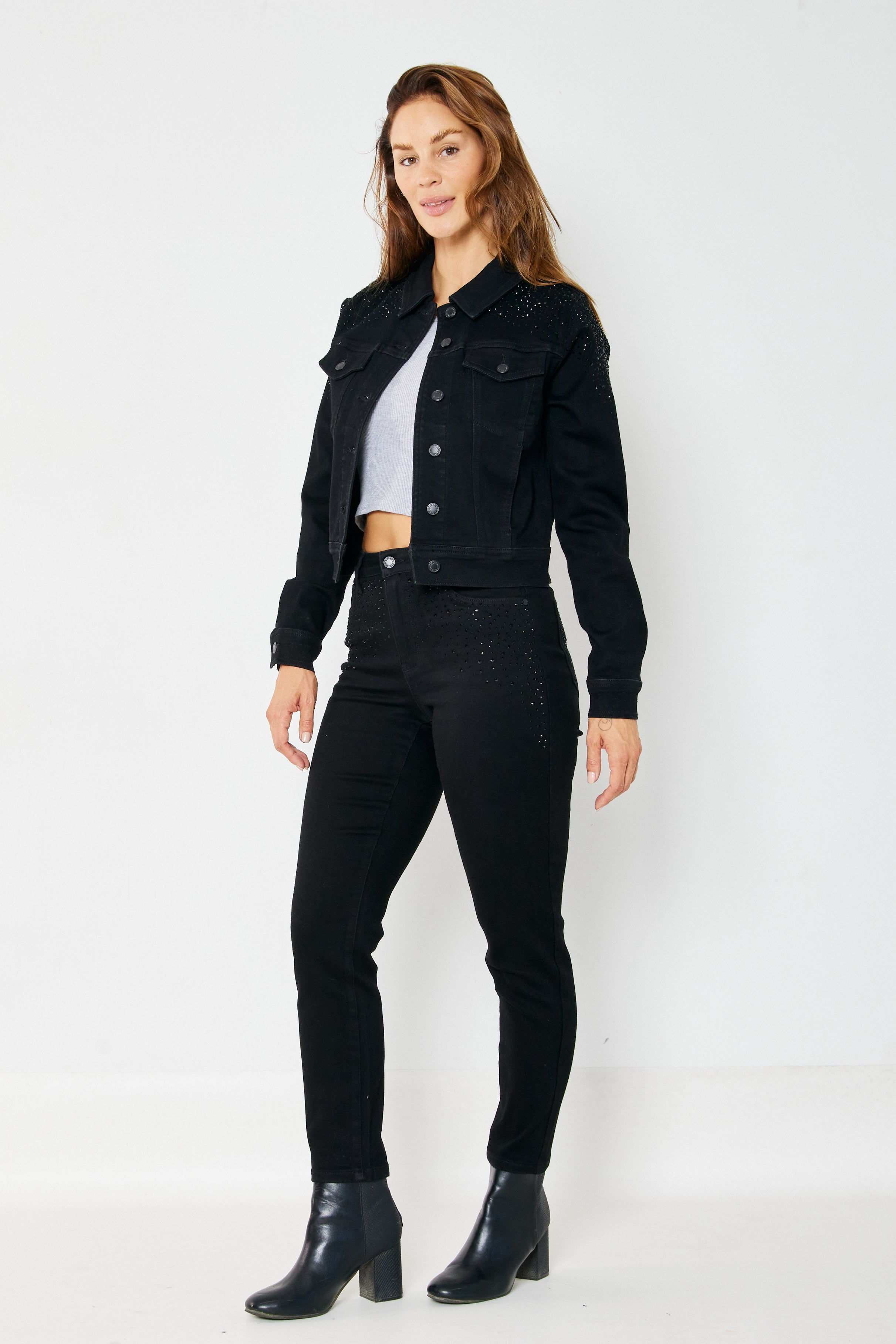 Judy Blue Reese Rhinestone Slim Fit Jeans in Black Womens