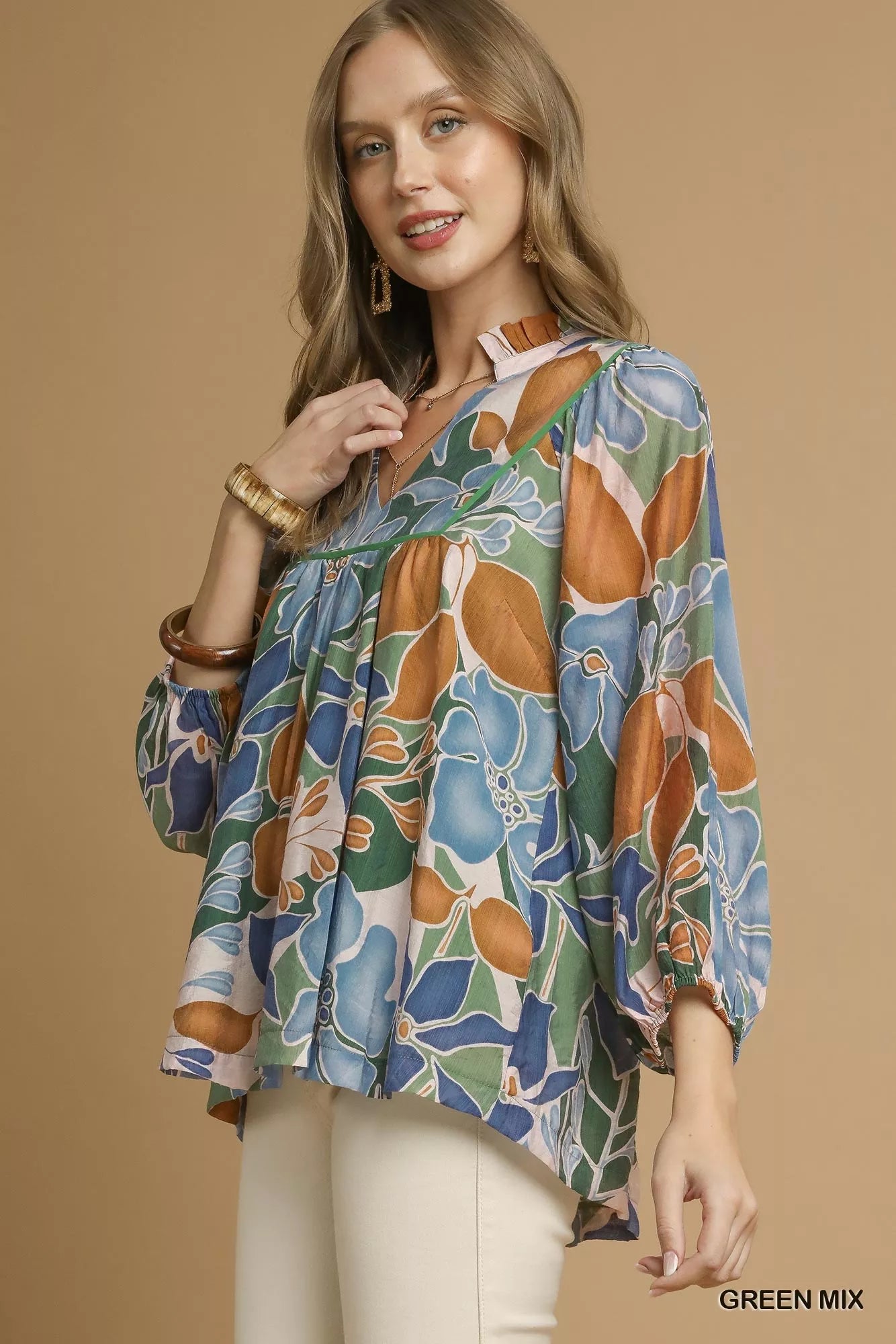 Umgee Green Mix Multicolor Abstract Floral Print Blouse with Ruffle Neck