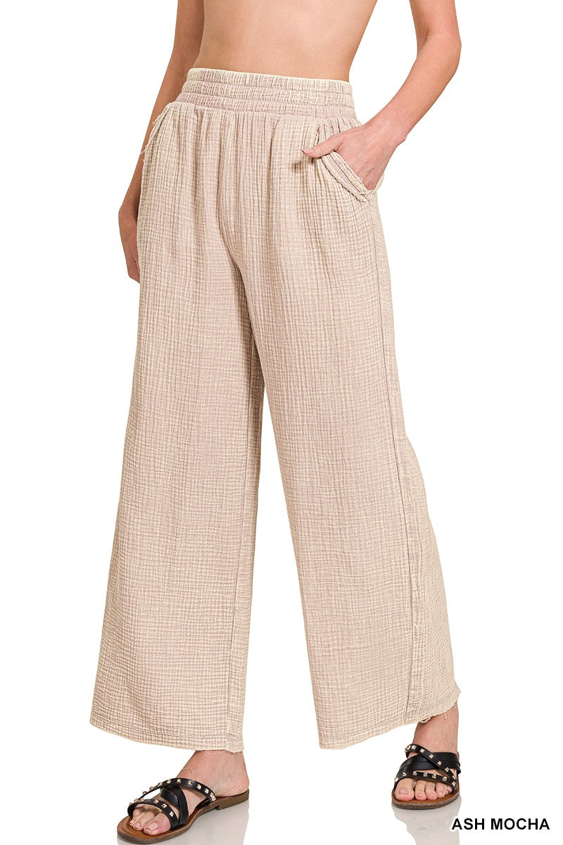 Zenana Lavender Washed Double Gauze Elastic Band Waist Pants