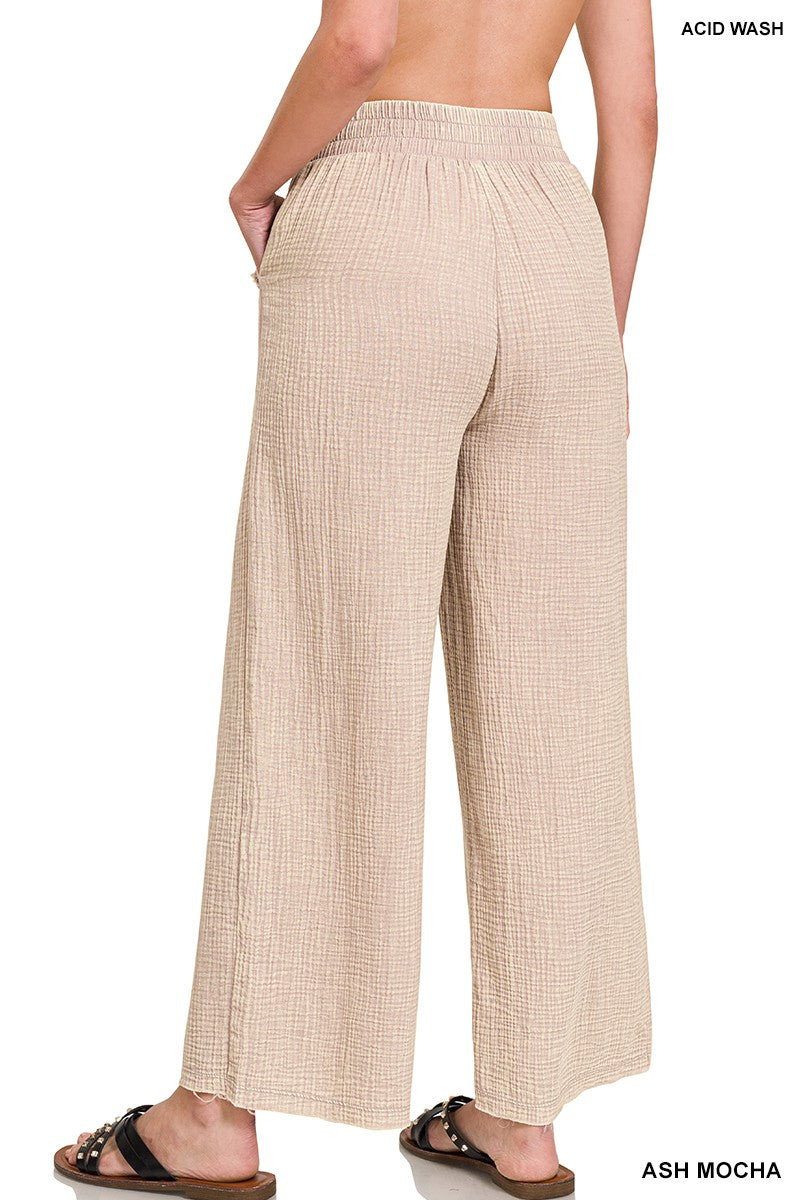 Zenana Lavender Washed Double Gauze Elastic Band Waist Pants