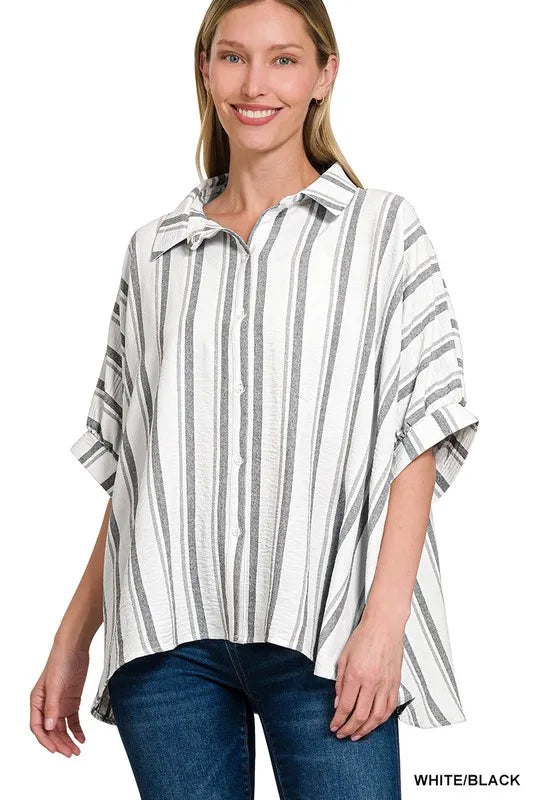 Zenana White/Black Woven Yarn-Dye Stripe Oversized Button Down Shirt WHITE BLACK