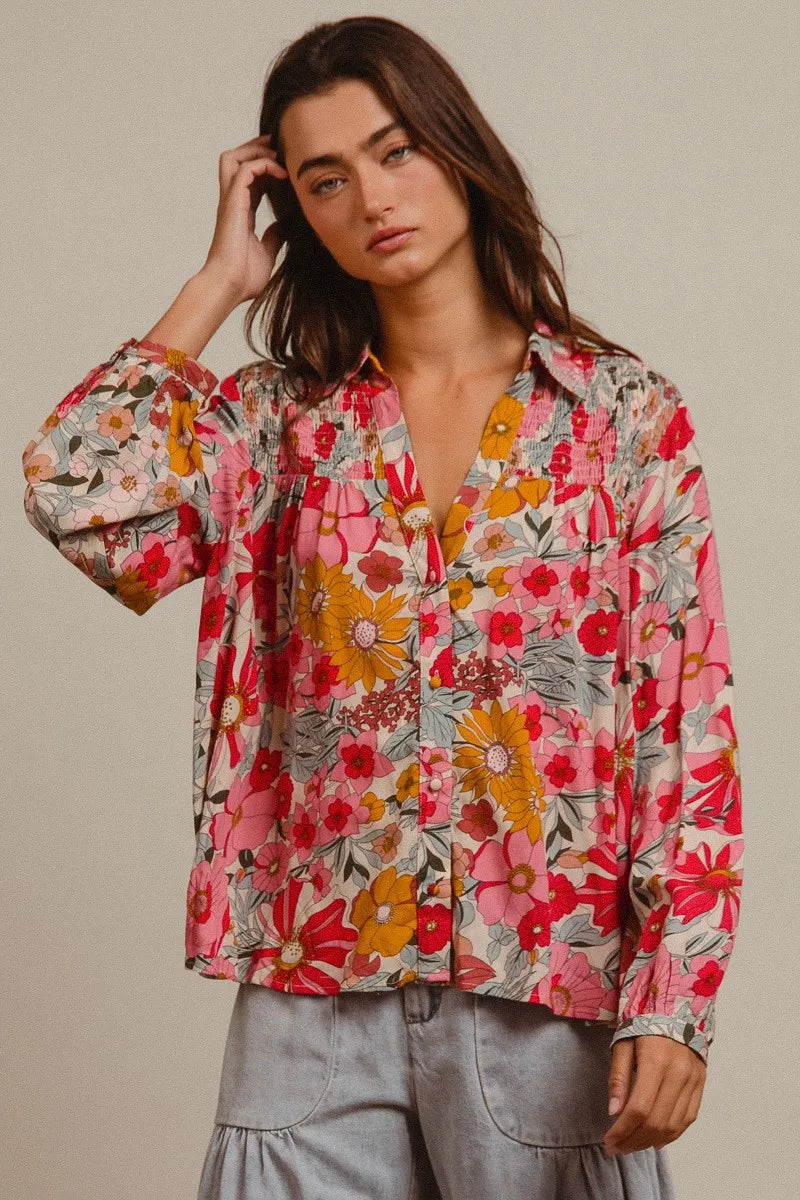 BiBi Woven Floral Printed Long Sleeve Blouse