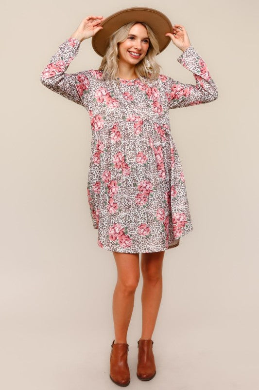 Haptics Leopard and Floral Fit & Flare Babydoll Tunic Dress