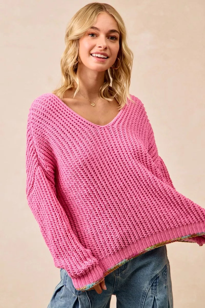 BiB Pink V-Neck Sweater with Colorful Trim