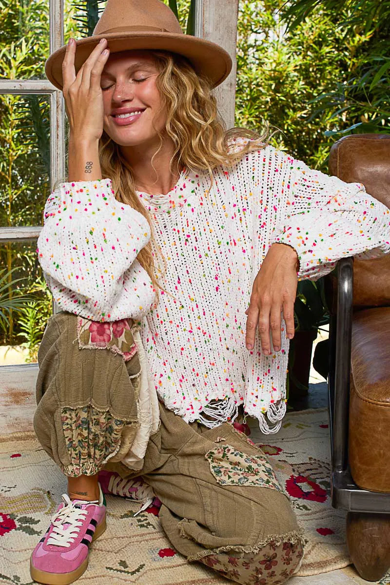 POL White Pink Round Neck Fringed Hem Sweater