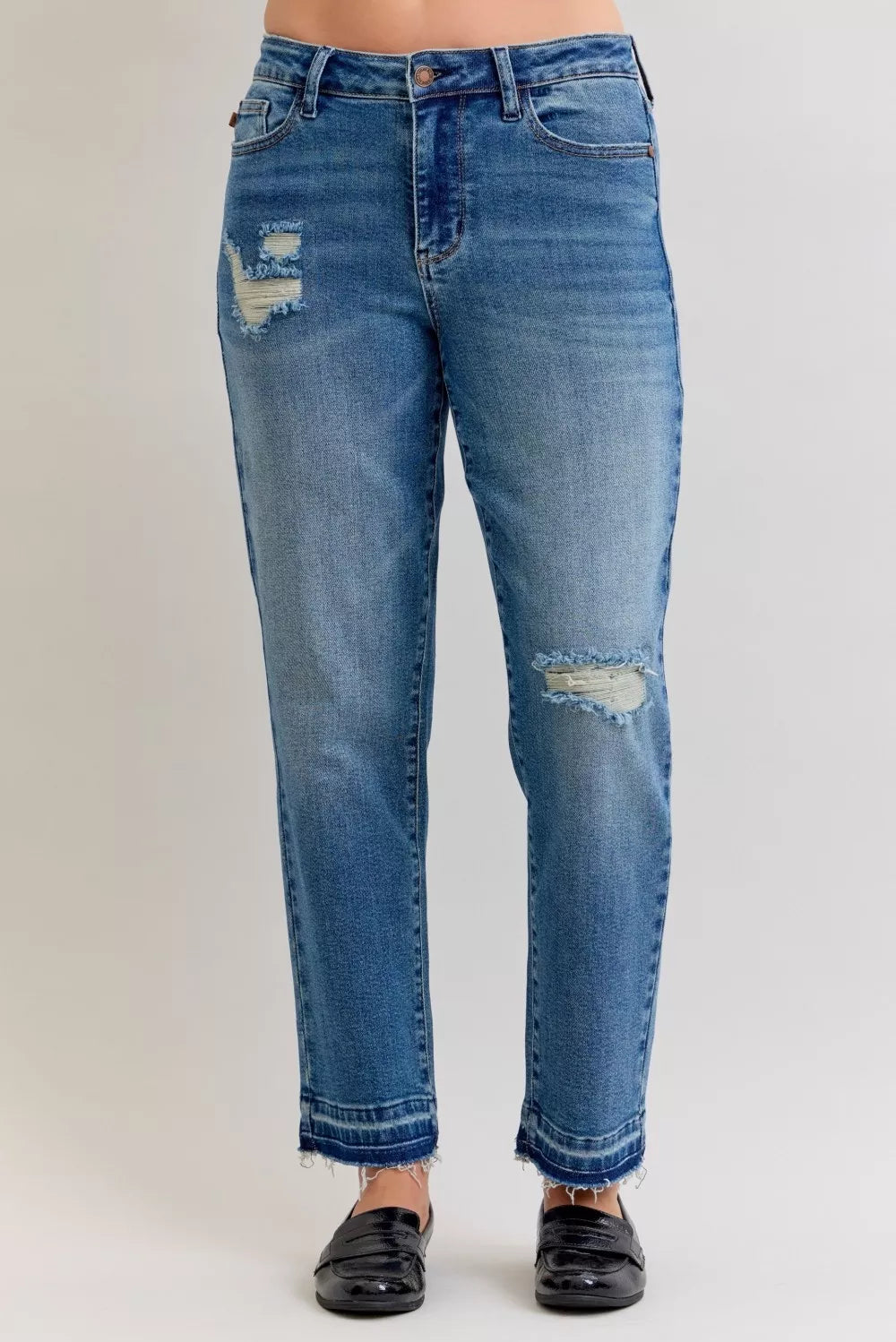 Judy Blue Mid Rise Boyfriend Patch & Repair Destroyed Release Hem Jeans