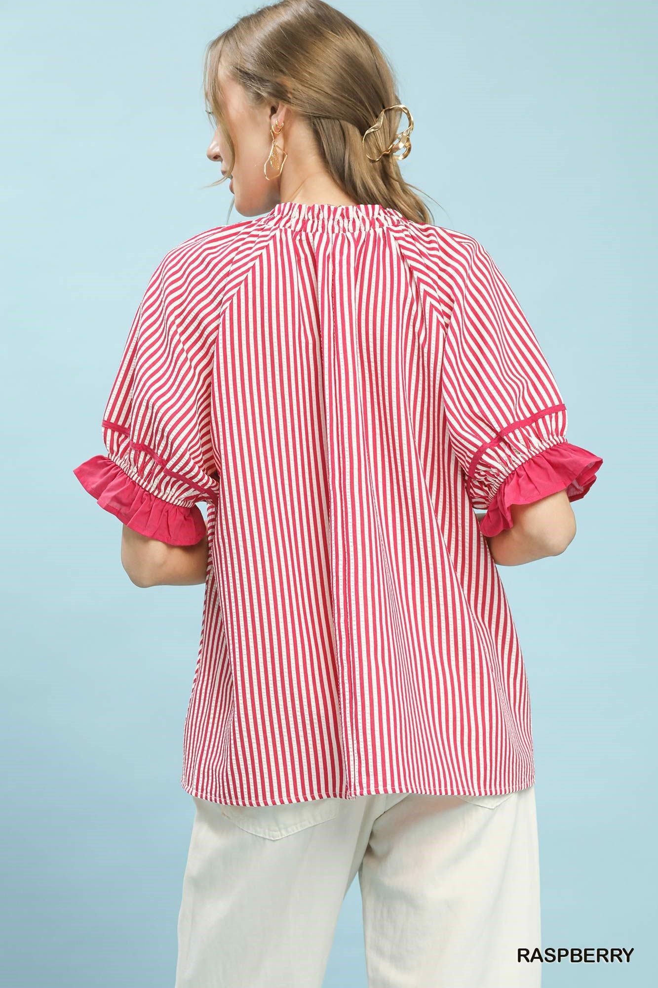 Umgee Raspberry Stripe Ruffle Sleeve Split-Neck Blouse
