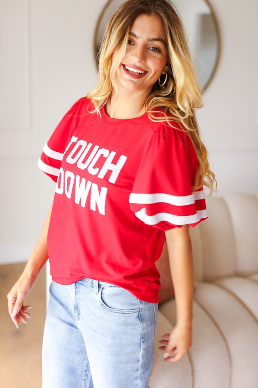 Haptics Stand Out Red "TOUCHDOWN" Sequin Bubble Sleeve Game Day Top