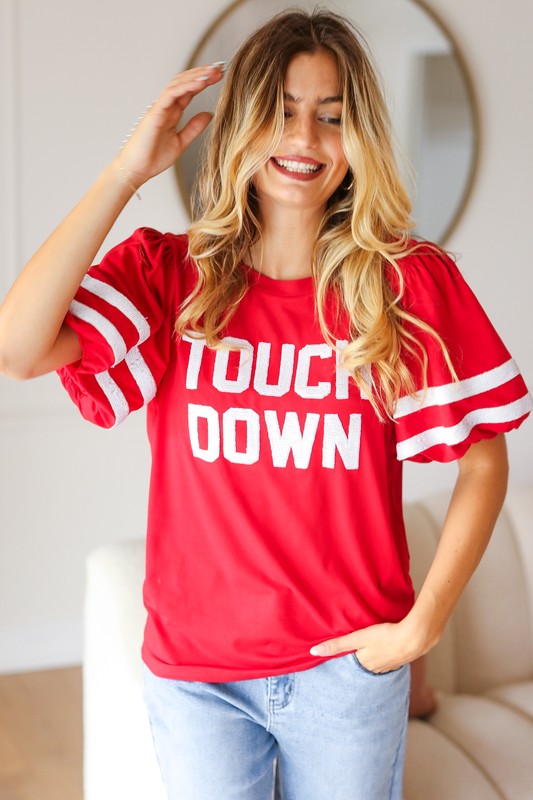 Haptics Stand Out Red "TOUCHDOWN" Sequin Bubble Sleeve Game Day Top