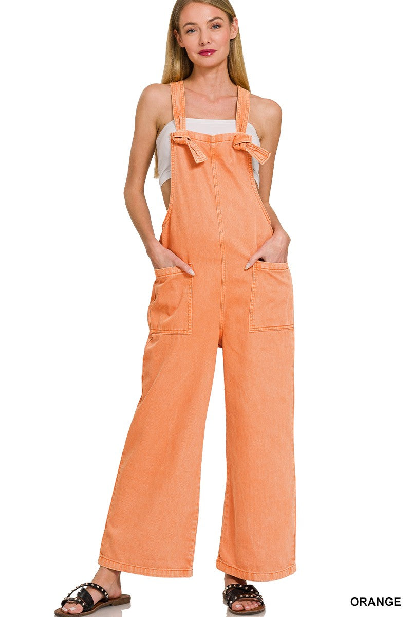 Zenana Blackberry Washed Knot Strap Wide Leg Cropped Jumpsuit