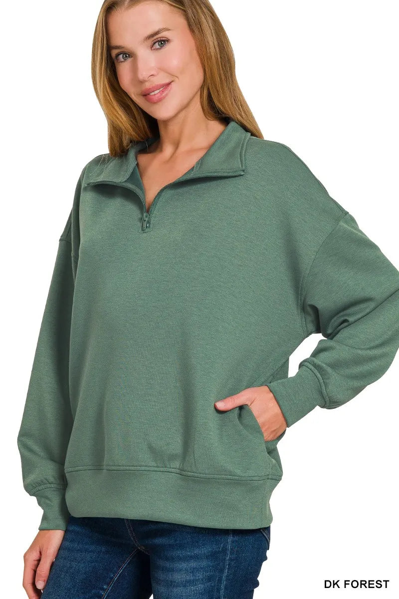 Zenana Dark Forest Scuba Quarter-Zip Long Sleeve Sweatshirt