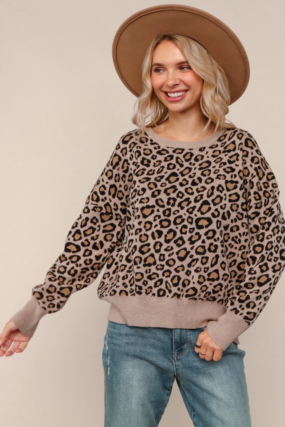 Haptics Leopard Jacquard Pullover Sweater Knit Top
