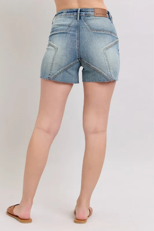 Judy Blue Medium Washed High Waist Star Seam Detail Denim Shorts