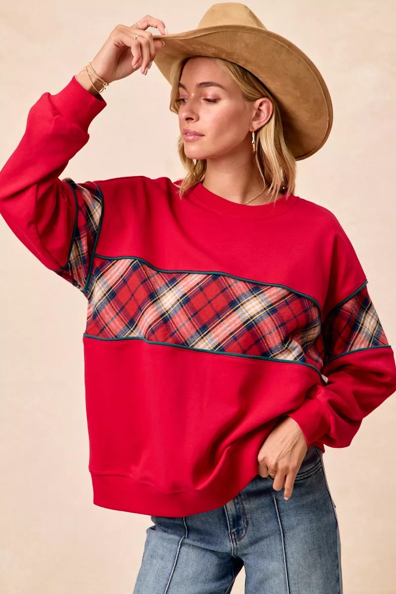 BiBi Red Christmas Theme Plaid Block Sweatshirt with Binding
