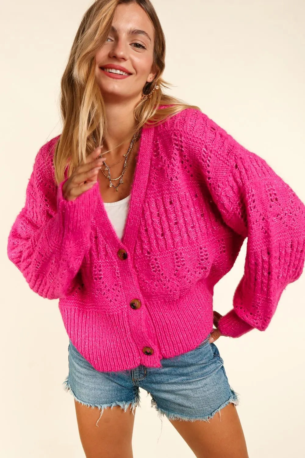 Haptics Fucshia Button Down Crop Long Sleeve Cardigan Fuchsia