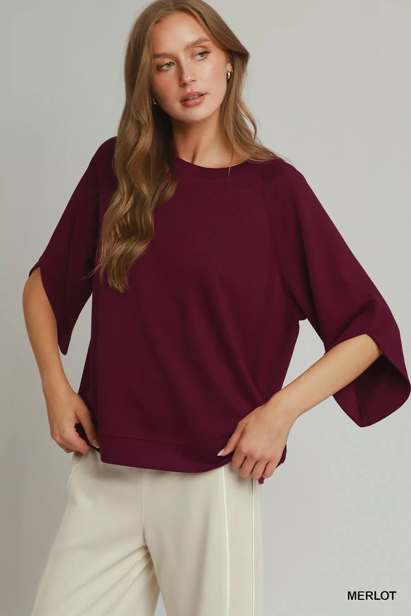 Umgee Merlot Round Hem Raglan Sleeve Top MERLOT