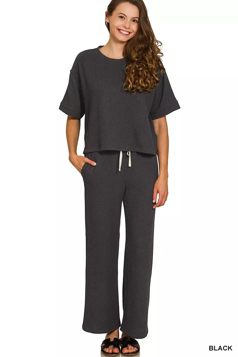 Zenana Black Raised Rib Short Sleeve Tee & Pants Set